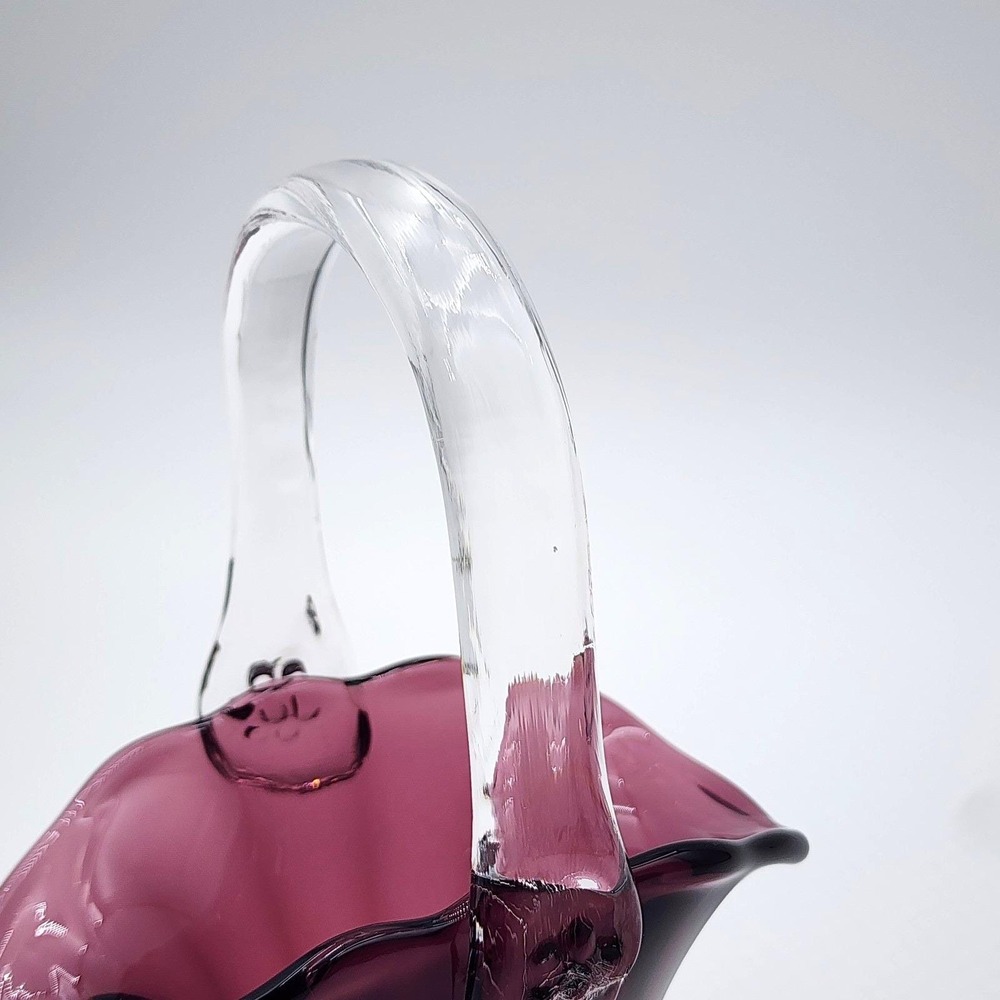 Mosser Amethyst Purple Glass Mini Basket Clear Handle Embossed M 7.5in Repaired - Picture 9 of 12